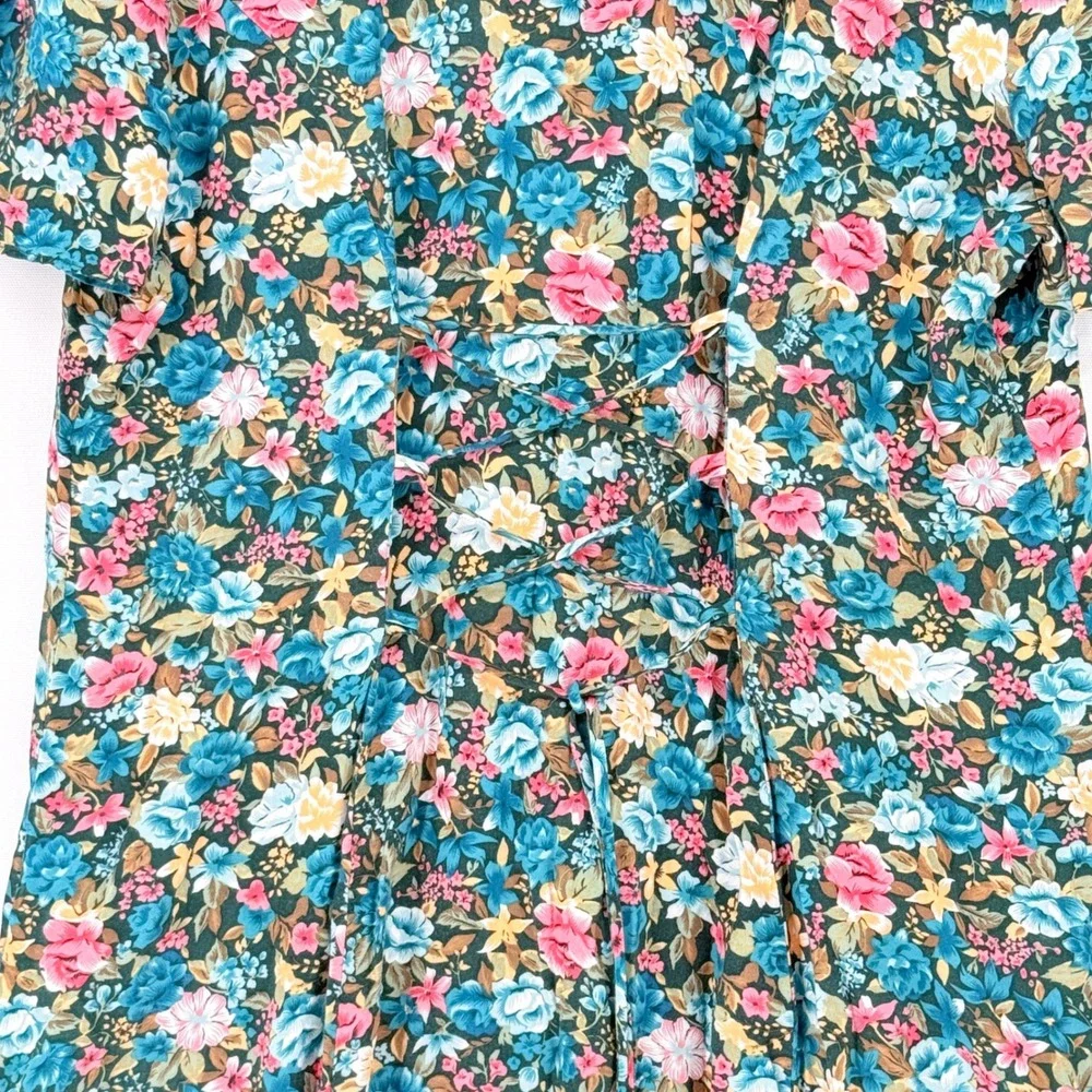 Caroline Wells II Floral Button Front Dress Womens 16 Teal Pink Cottagecore Vtg